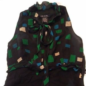 Ice Girl Silk Sleeveless Tie-Neck Geometric Blouse